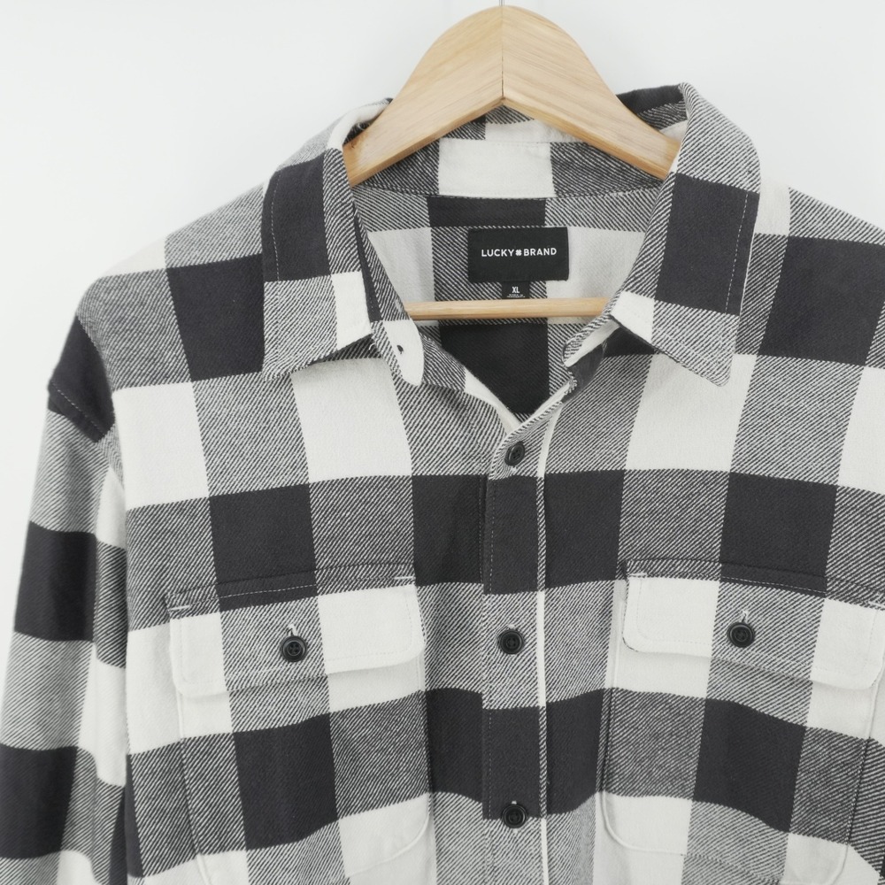 Lucky Brand Flannel Shirt Mens XL Black White Buffalo Plaid Button Up Shirt
